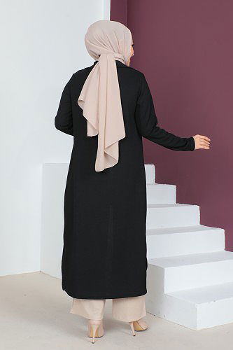 Yanlardan Yırtmaçlı Üçlü Tesettür Takım-3138 Siyah - Thumbnail