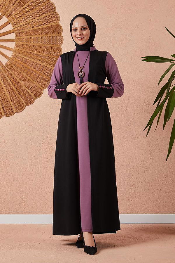 Yelek Görünümlü Kolyeli Tesettür Elbise-3032 Gülkurusu
