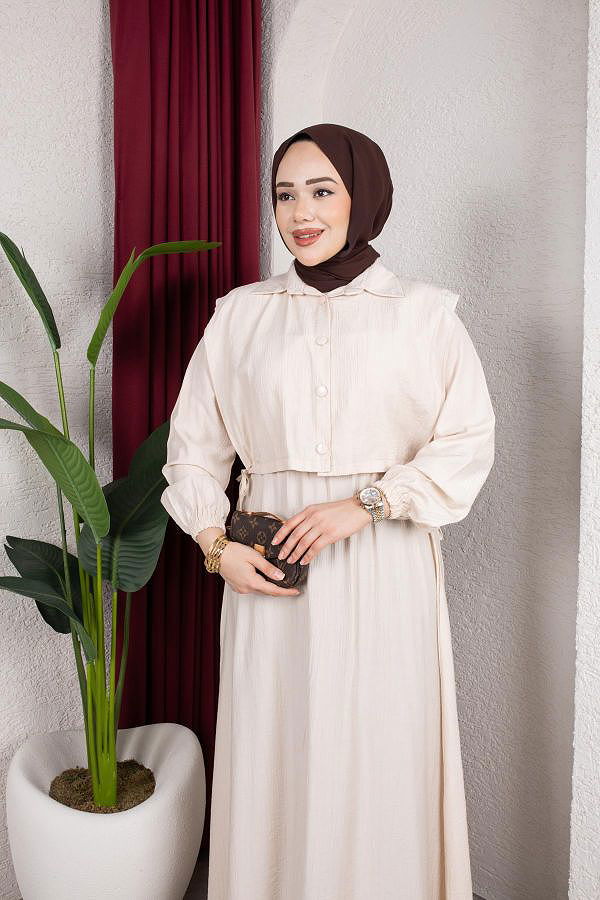 Yelek Görünümlü Modal Elbise-7829 Bej