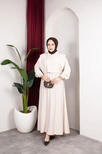 Yelek Görünümlü Modal Elbise-7829 Bej - Thumbnail