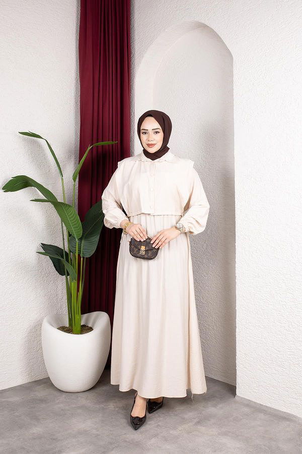 Yelek Görünümlü Modal Elbise-7829 Bej