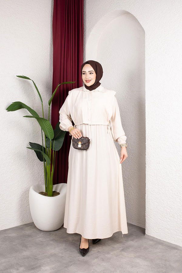 Yelek Görünümlü Modal Elbise-7829 Bej