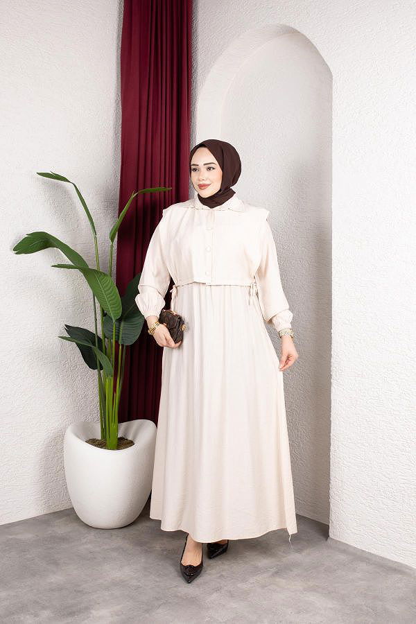 Yelek Görünümlü Modal Elbise-7829 Bej