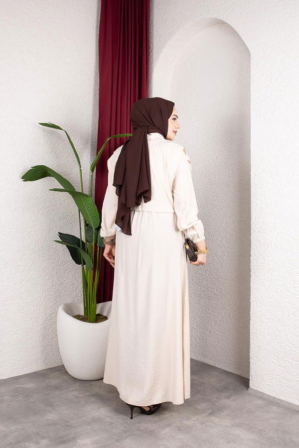 Yelek Görünümlü Modal Elbise-7829 Bej