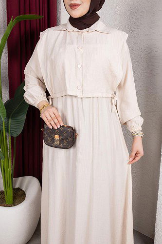 Yelek Görünümlü Modal Elbise-7829 Bej - Thumbnail