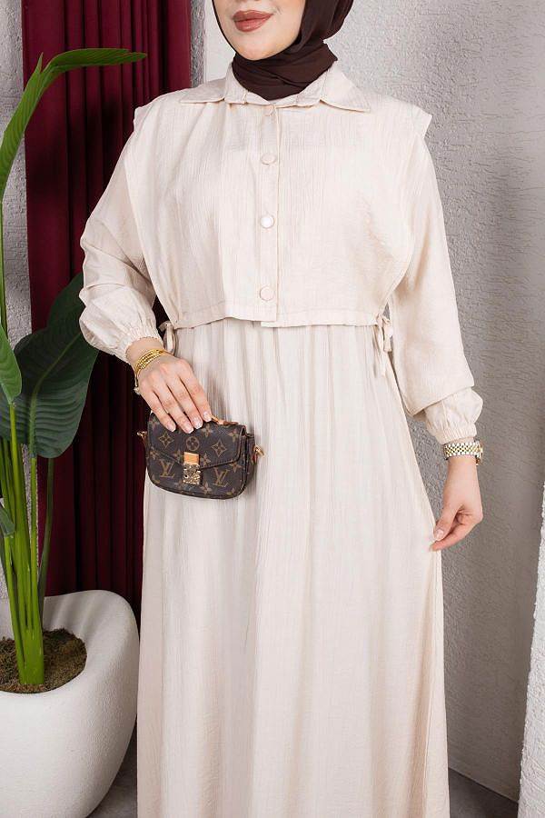 Yelek Görünümlü Modal Elbise-7829 Bej
