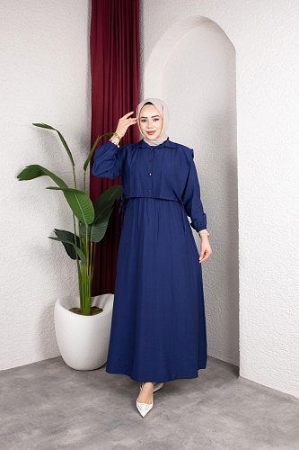 Yelek Görünümlü Modal Elbise-7829 Lacivert - Thumbnail