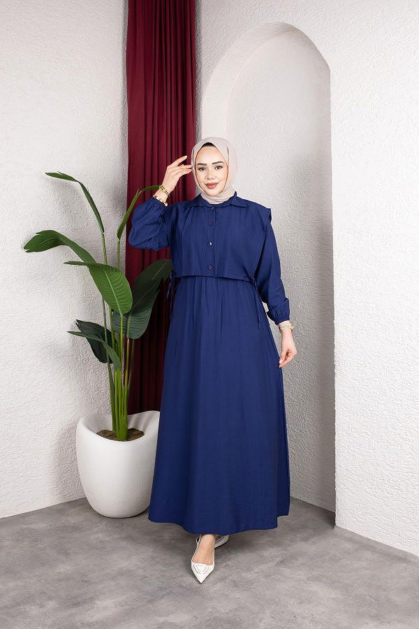 Yelek Görünümlü Modal Elbise-7829 Lacivert