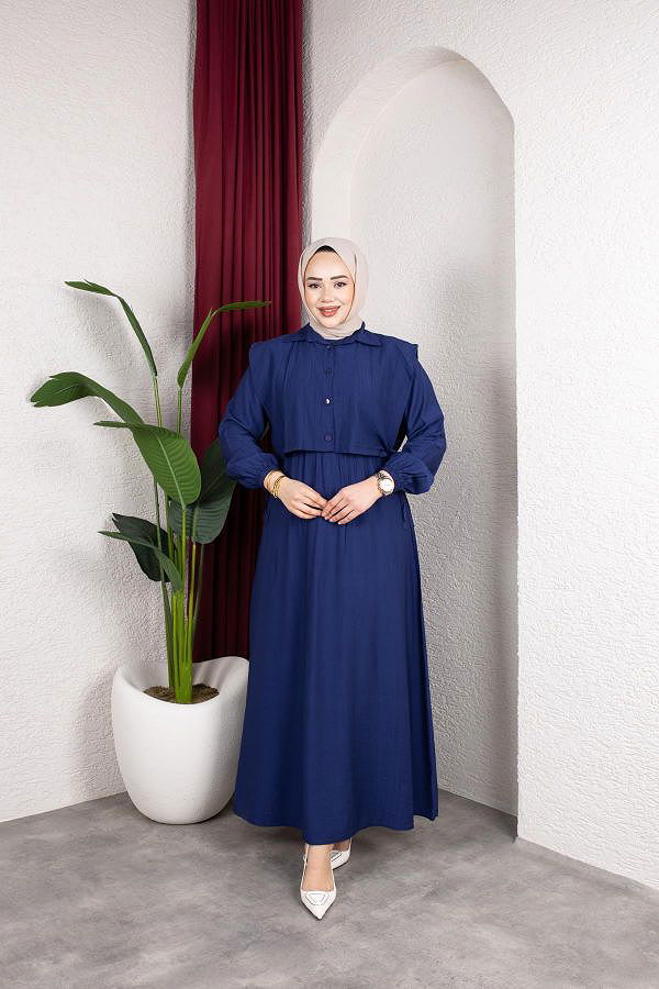 Yelek Görünümlü Modal Elbise-7829 Lacivert