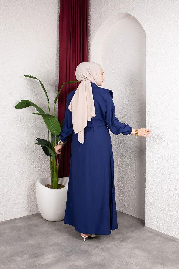 Yelek Görünümlü Modal Elbise-7829 Lacivert