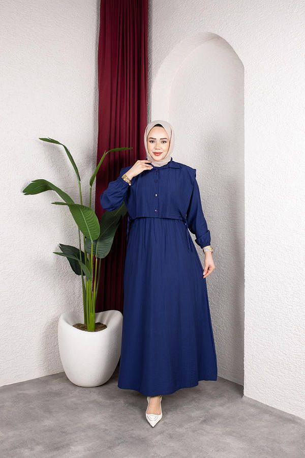 Yelek Görünümlü Modal Elbise-7829 Lacivert