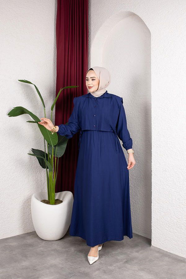 Yelek Görünümlü Modal Elbise-7829 Lacivert