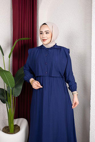 Yelek Görünümlü Modal Elbise-7829 Lacivert - Thumbnail