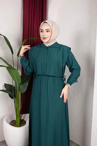 Yelek Görünümlü Modal Elbise-7829 Yeşil - Thumbnail