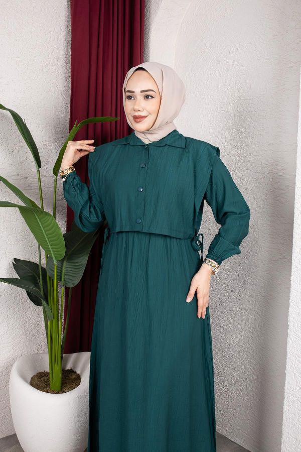 Yelek Görünümlü Modal Elbise-7829 Yeşil