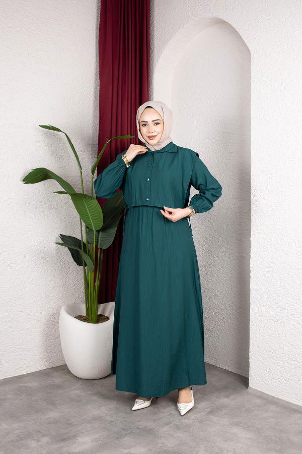 Yelek Görünümlü Modal Elbise-7829 Yeşil