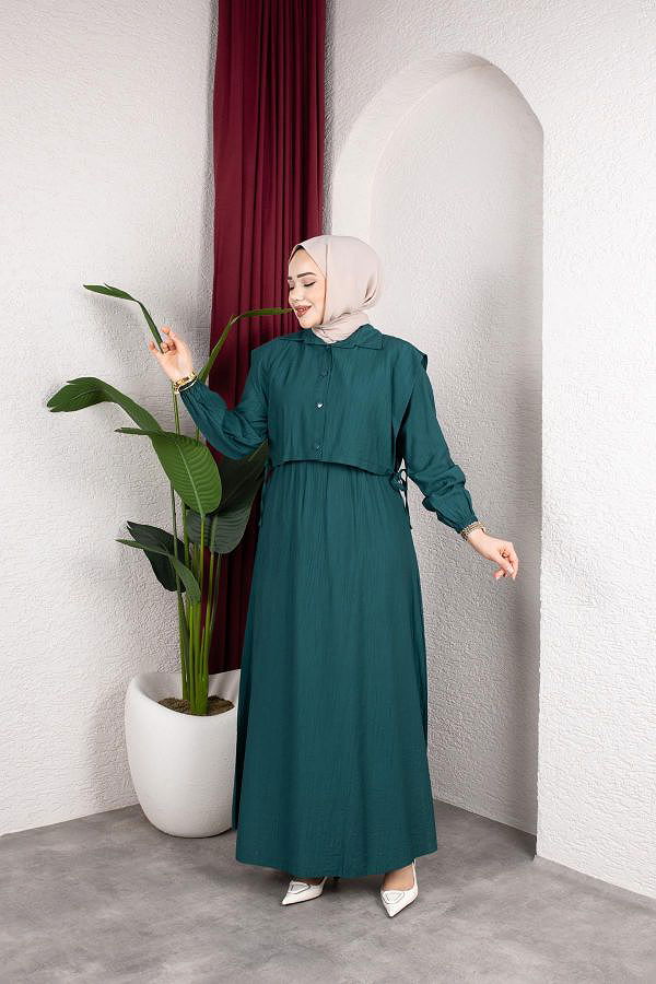 Yelek Görünümlü Modal Elbise-7829 Yeşil