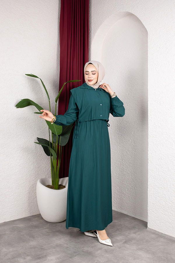 Yelek Görünümlü Modal Elbise-7829 Yeşil