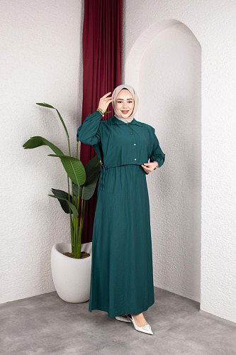 Yelek Görünümlü Modal Elbise-7829 Yeşil - Thumbnail