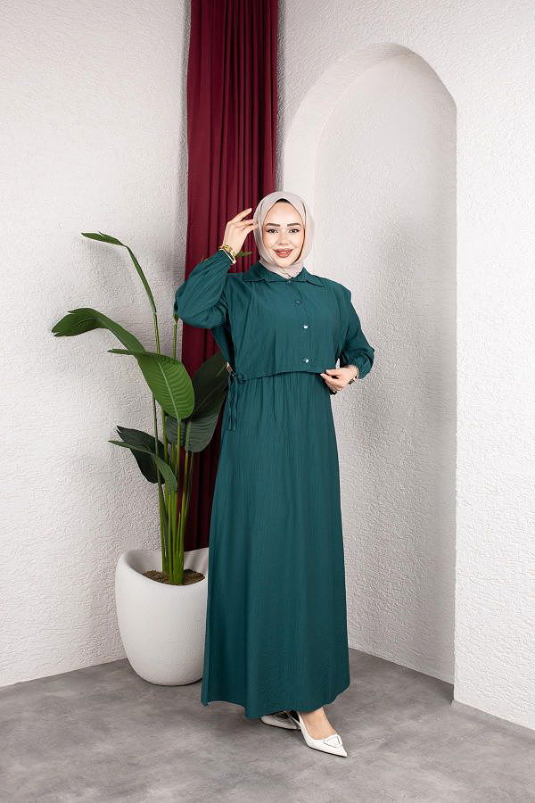 Yelek Görünümlü Modal Elbise-7829 Yeşil