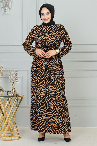 Zebra Desen Bürümcük Elbise-3951 Kahve - Thumbnail